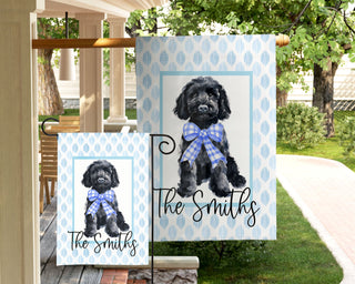 Personalized fall dog garden flag with pumpkins and custom family name