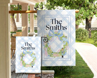 Personalized fall dog garden flag with pumpkins and custom family name