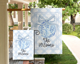 Personalized fall dog garden flag with pumpkins and custom family name
