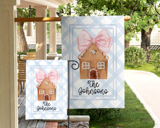 Personalized fall dog garden flag with pumpkins and custom family name