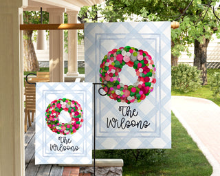 Personalized fall dog garden flag with pumpkins and custom family name