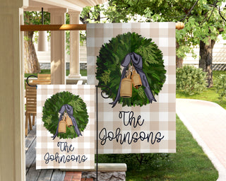 Personalized fall dog garden flag with pumpkins and custom family name