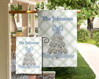 Striped seasonal garden flag featuring fall puppy design and personalized text