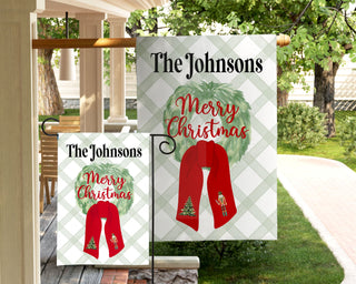 Striped seasonal garden flag featuring fall puppy design and personalized text