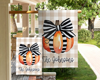 Striped seasonal garden flag featuring fall puppy design and personalized text