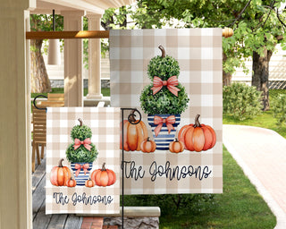 Striped seasonal garden flag featuring fall puppy design and personalized text