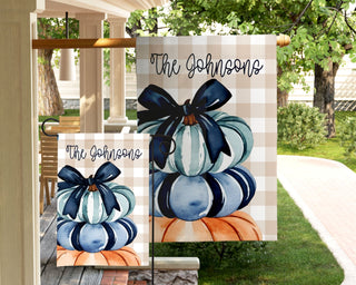 Striped seasonal garden flag featuring fall puppy design and personalized text