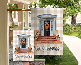 Striped seasonal garden flag featuring fall puppy design and personalized text