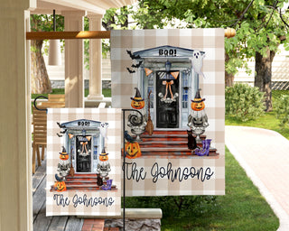 Striped seasonal garden flag featuring fall puppy design and personalized text