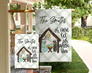 Neutral nativity garden flag with family name and gingham background – The Navy Knot Christmas collection