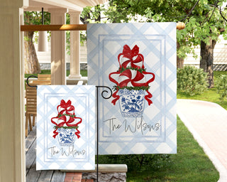 Personalized coastal Christmas garden flag with blue and red accents – custom yard décor by The Navy Knot