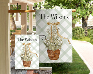 Personalized Neutral Christmas Tree Garden Flag – Custom Holiday Yard Décor with Gold Bow