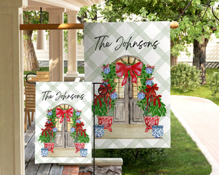 Elegant personalized holiday garden flag with double topiaries and chinoiserie pots – The Navy Knot Christmas design