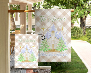 Personalized holiday garden flag with church illustration and scripture phrase – The Navy Knot Christmas collection
