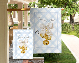 Classic personalized holiday garden flag with soft blue plaid background and festive bells – The Navy Knot Christmas collection
