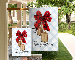 Custom Christmas bell garden flag with tartan bow and blue gingham background – personalized family yard decoration