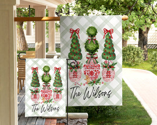 Elegant Christmas topiary garden flag with chinoiserie pots and festive greenery – custom holiday decoration by The Navy Knot