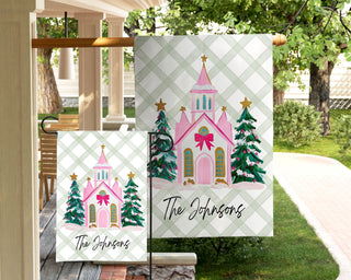 Hand-painted pink Christmas church with evergreen trees on personalized garden flag – custom holiday outdoor décor