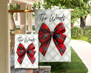 Elegant personalized plaid bow Christmas flag – custom family name yard decoration for holiday season
