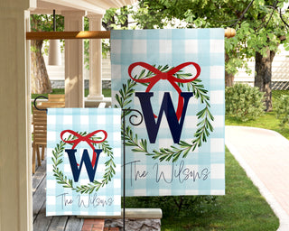 Personalized Easter door hanger banner with blue bunny artwork, coordinating garden flag and house flag, preppy coastal outdoor decor