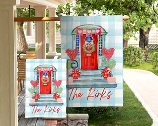 Personalized front door pennant with blue bunny design, matching garden flag and house flag option, custom spring porch decor with gingham background