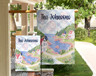 Personalized coastal Americana garden flag with cottage village ocean cliffs fireworks and custom last name nautical summer decor The Navy Knot