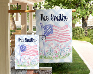 Personalized Americana garden flag with American flag and custom last name preppy patriotic outdoor decor The Navy Knot