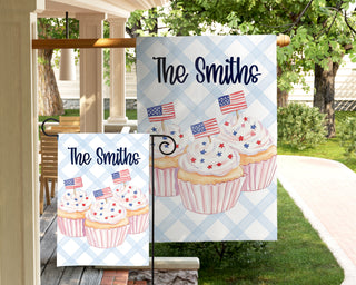 Personalized Americana garden flag with cupcakes red white and blue theme custom last name summer outdoor decor The Navy Knot