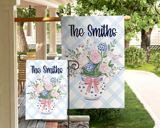 Personalized 4th of July garden flag with floral bouquet and patriotic accents custom name outdoor decor