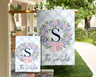 Personalized coastal hydrangea garden flag with monogram and custom last name preppy floral outdoor decor The Navy Knot