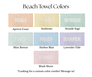 Custom name kids beach towel in pastel stripe design, lightweight absorbent towel for toddler beach and pool use