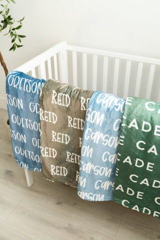 Baby name blanket in brown minky – personalized keepsake for newborn boys.