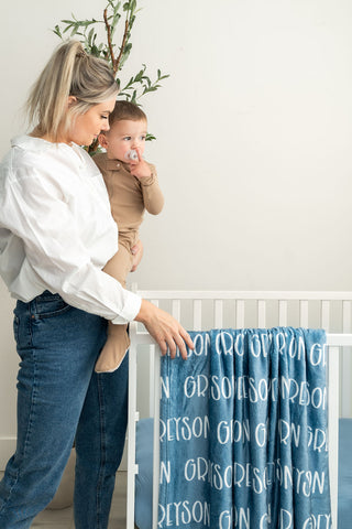 Plush personalized baby blanket – soft minky fabric with repeating custom name.