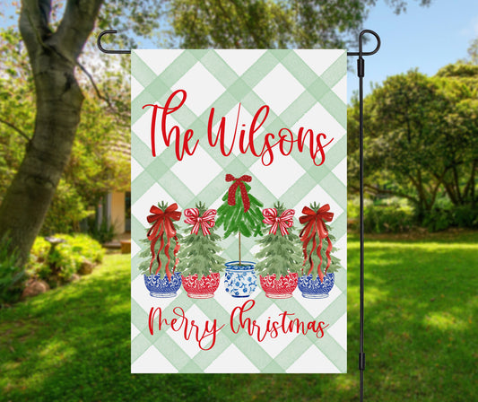 Personalized Christmas Garden Flag Custom Family Name Holiday Decor Outdoor Winter Yard Sign Festive Home Welcome Banner Seasonal Decoration Waterproof Watercolor Tree Ornaments