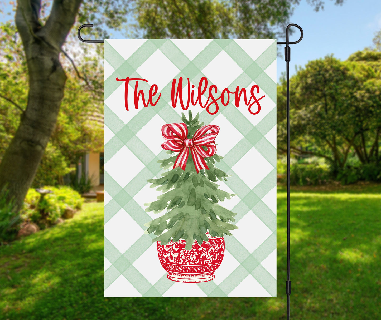 Personalized Christmas Garden Flag Custom Family Name Holiday Decor Outdoor Winter Yard Sign Festive Home Welcome Banner Seasonal Decoration Waterproof Watercolor Tree Ornaments