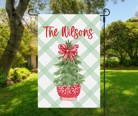 Personalized Christmas Garden Flag Custom Family Name Holiday Decor Outdoor Winter Yard Sign Festive Home Welcome Banner Seasonal Decoration Waterproof Watercolor Tree Ornaments