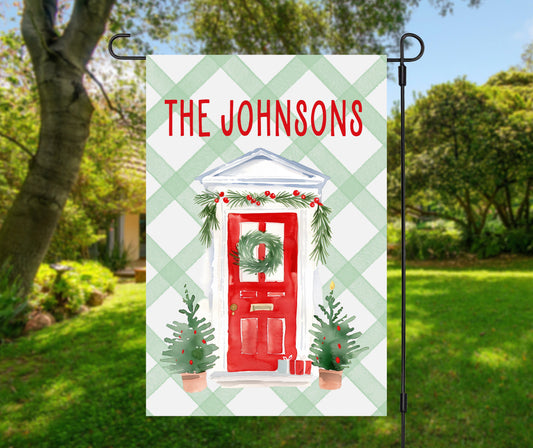 Personalized Christmas Garden Flag Custom Family Name Holiday Decor Outdoor Winter Yard Sign Festive Home Welcome Banner Seasonal Decoration Waterproof Watercolor Tree Ornaments