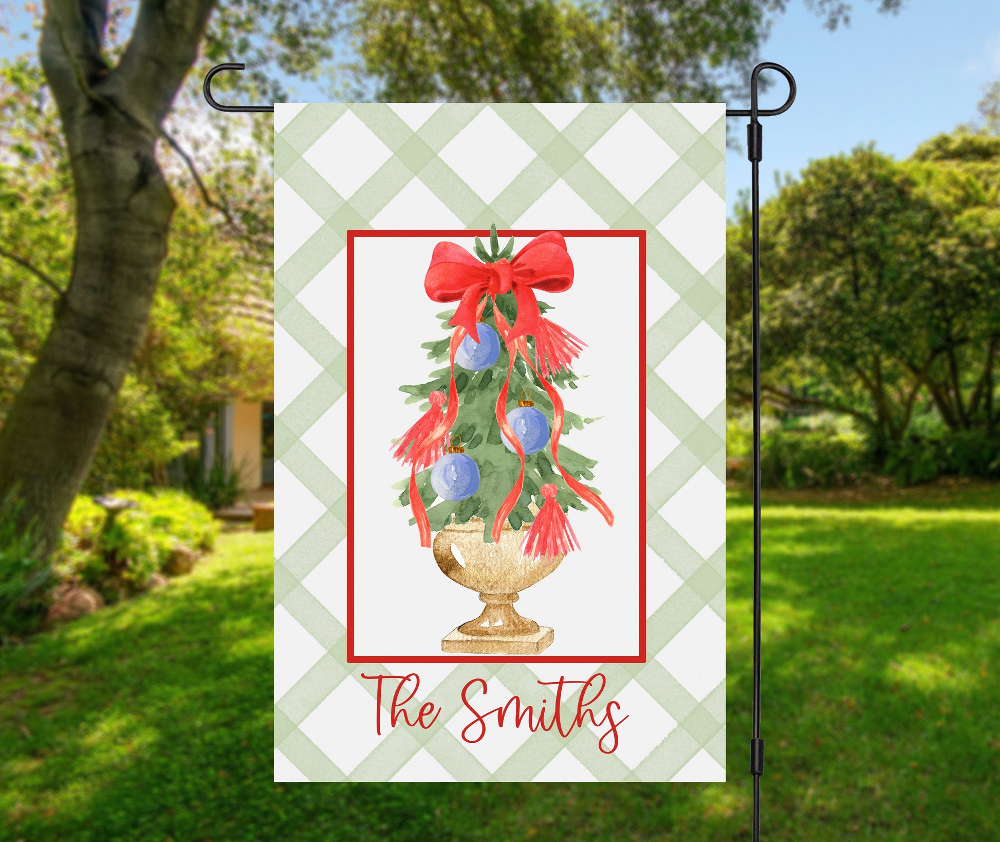 Personalized Christmas Garden Flag Custom Family Name Holiday Decor Outdoor Winter Yard Sign Festive Home Welcome Banner Seasonal Decoration Waterproof Watercolor Tree Ornaments