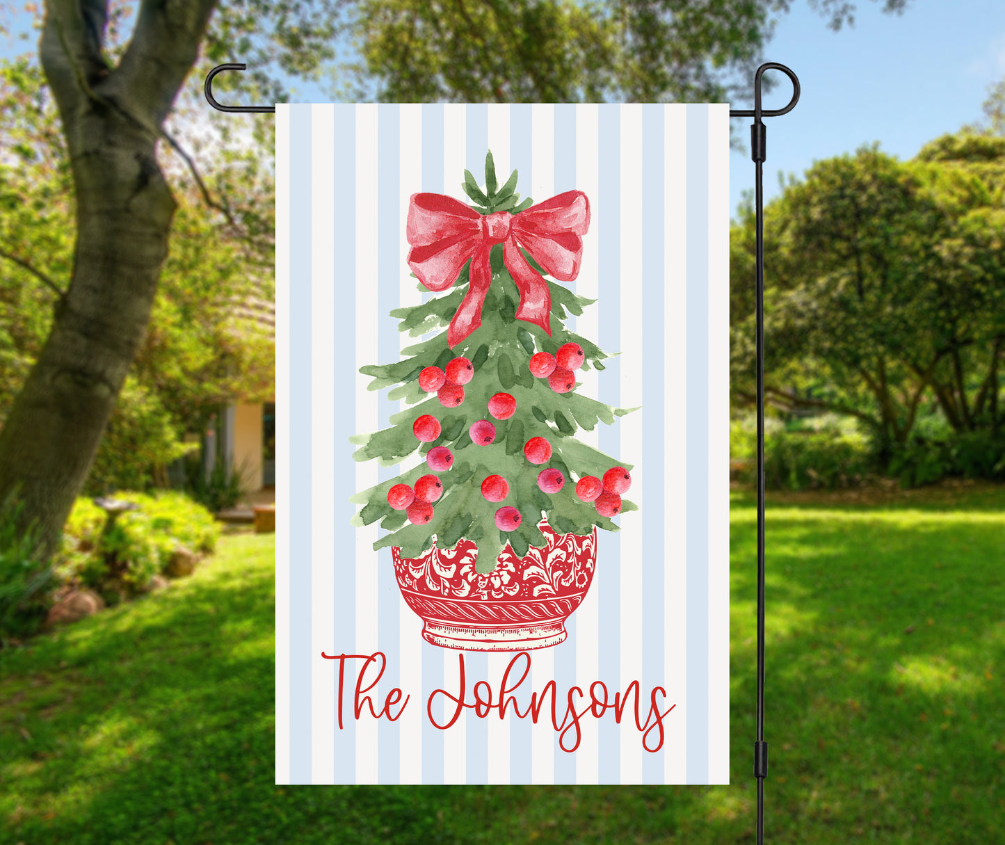 Personalized Christmas Garden Flag - Red Chinoiserie Potted Tree