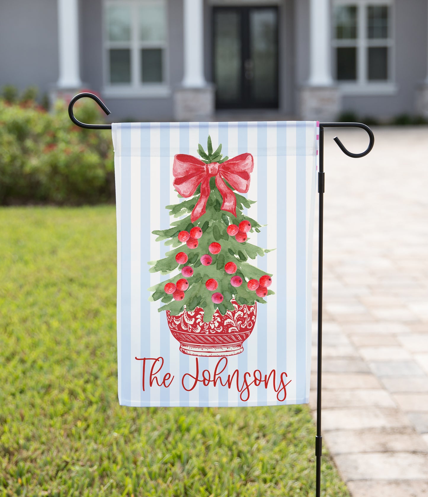 Personalized Christmas Garden Flag - Red Chinoiserie Potted Tree