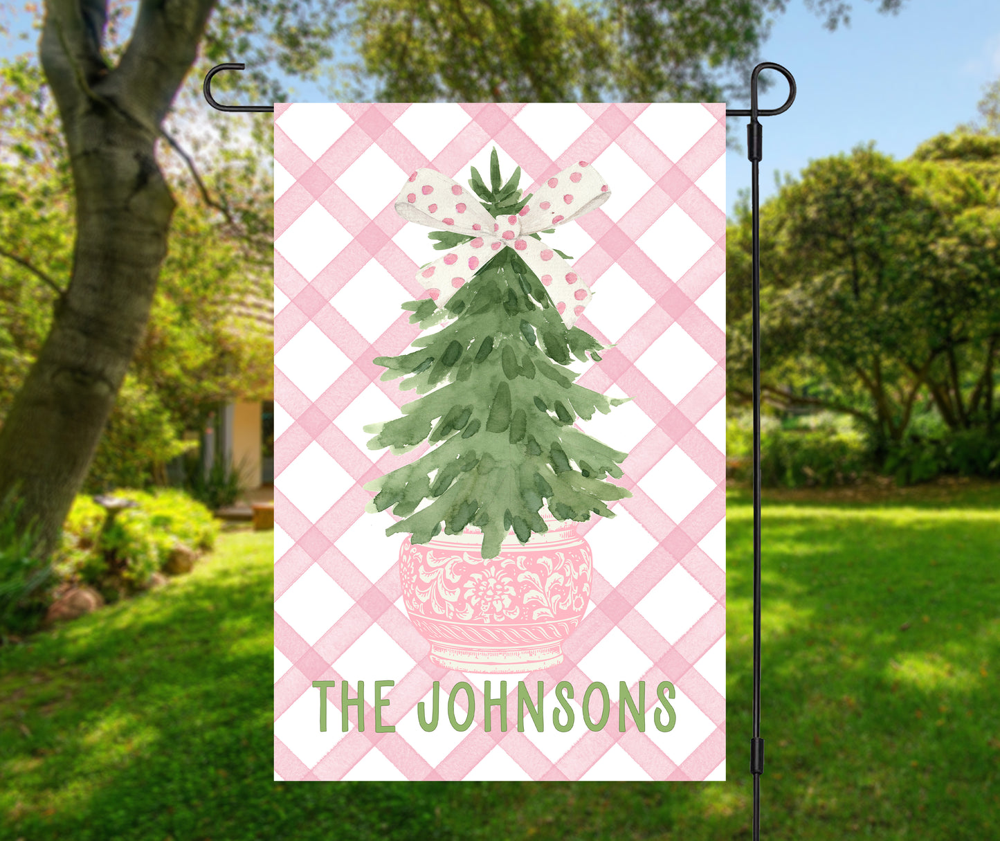 Personalized Christmas Garden Flag - Pastel Pink Christmas Tree