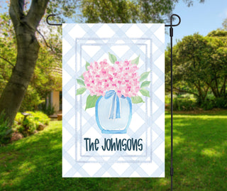 Custom blue gingham hydrangea yard flag with family name