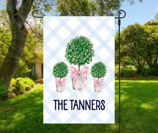 Blue gingham farmhouse-style garden flag featuring topiary trees and personalized name