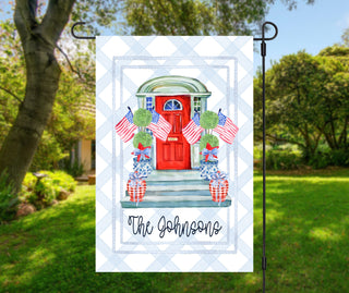 Fourth of July front porch garden flag with red, white, and blue design and last name