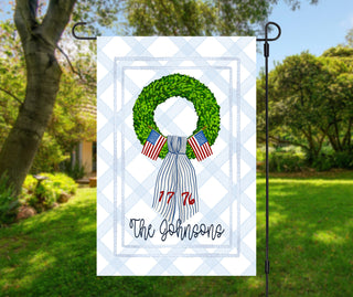 Fourth of July front porch garden flag with red, white, and blue design and last name