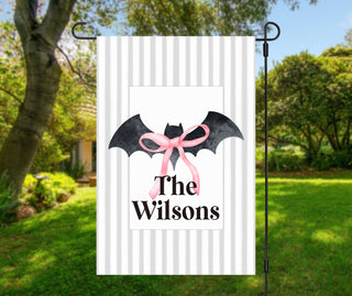 Autumn harvest front porch flag with pumpkin stacks, seasonal wreath, and family name personalization