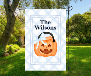 Monogrammed pumpkin trick-or-treat garden flag – personalized autumn and Halloween outdoor yard sign.