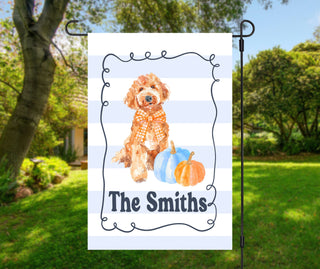 Striped seasonal garden flag featuring fall puppy design and personalized text