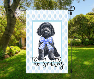 Striped seasonal garden flag featuring fall puppy design and personalized text