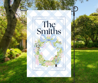 Striped seasonal garden flag featuring fall puppy design and personalized text